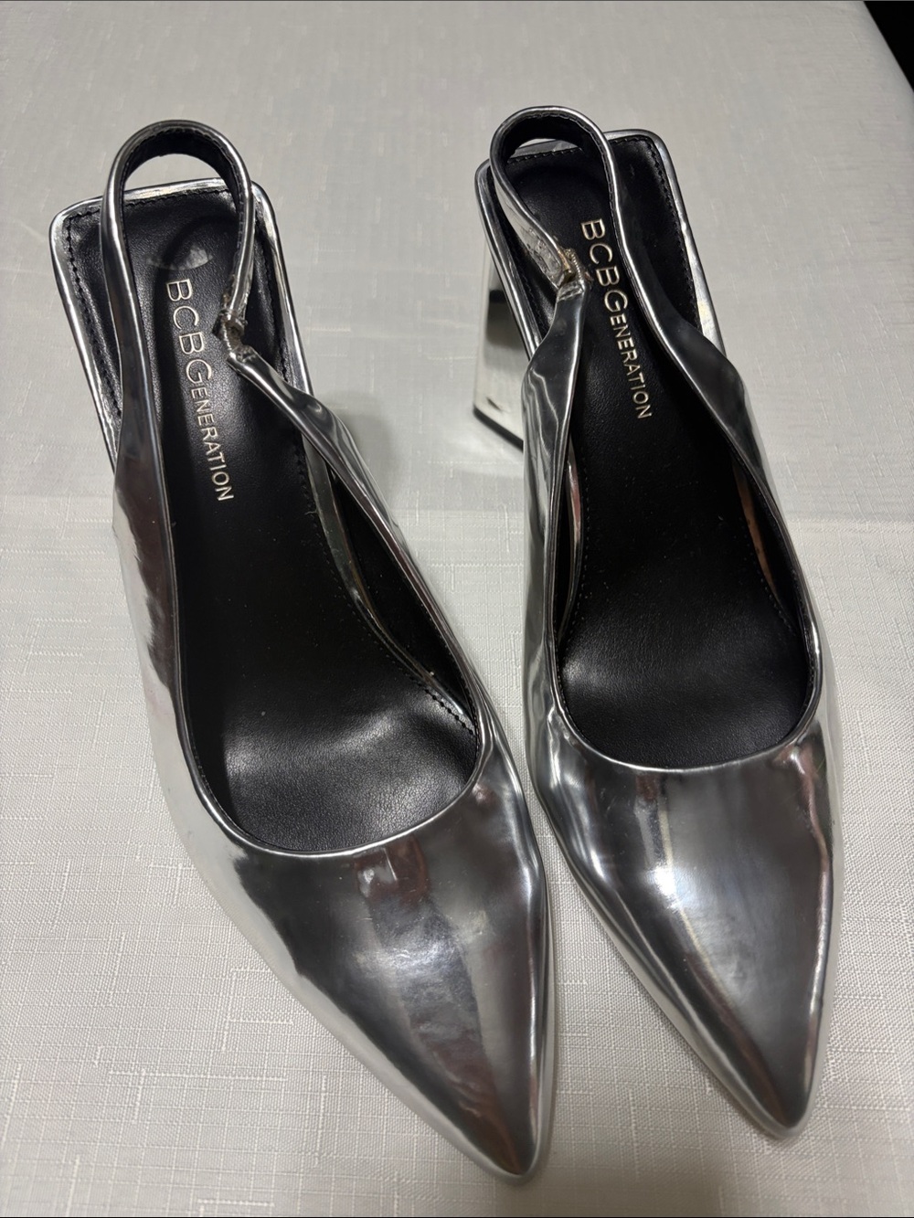 BCBGeneration Silver Patent Pointed Slingback Heels with Geometric Block Heel